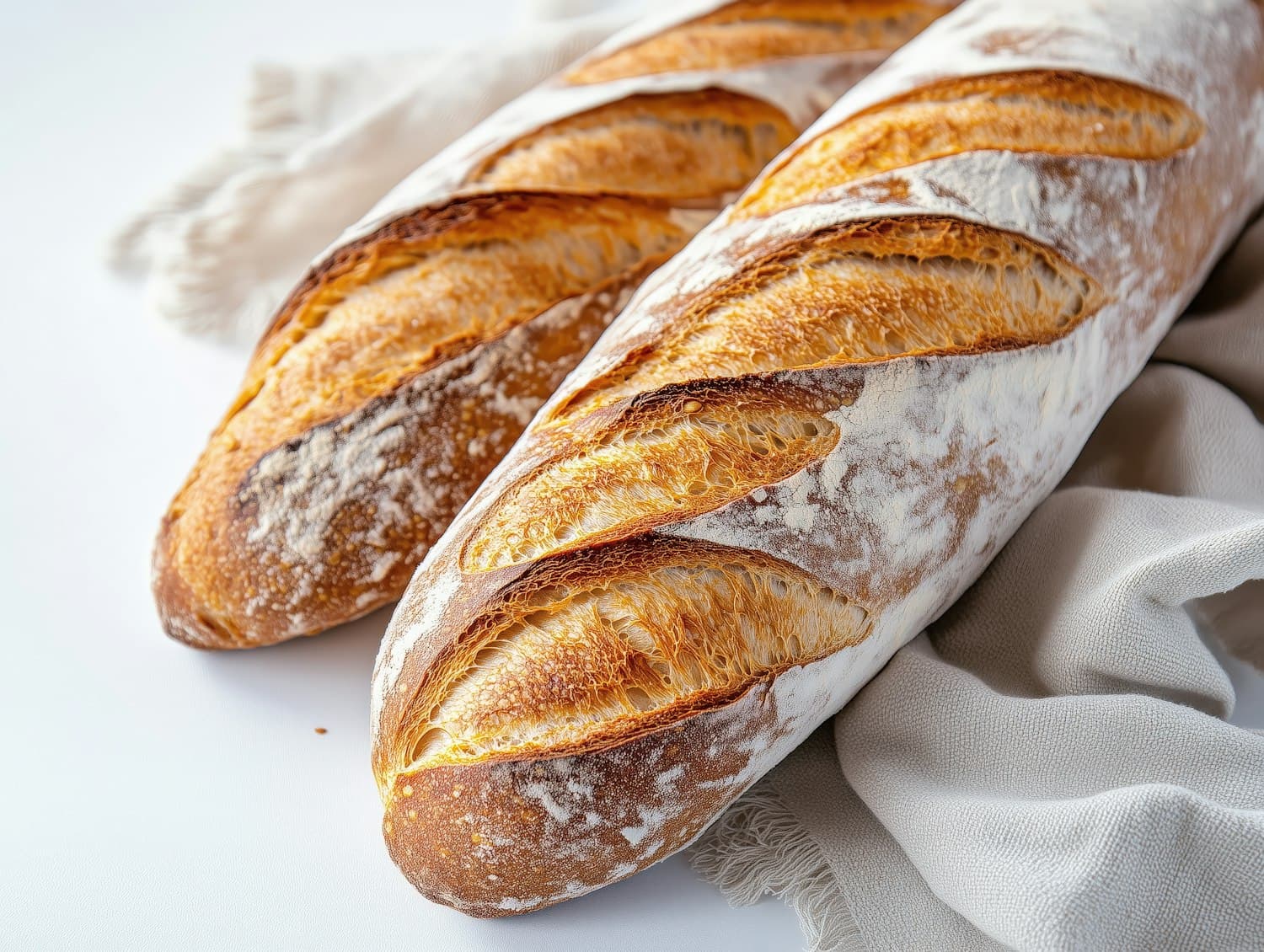 Flour-dusted baguettes with open scores resting on linen