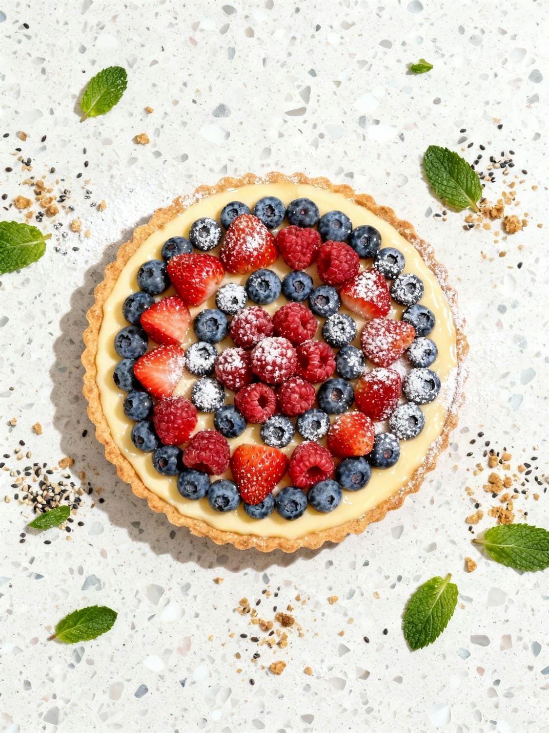A vanilla custard tart covered in fresh berries