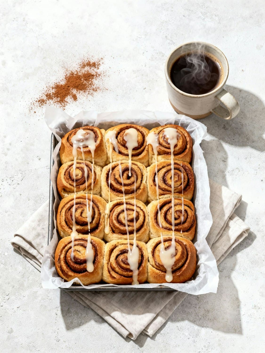 Glazed cinnamon rolls in a baking tin beside a cup of coffee