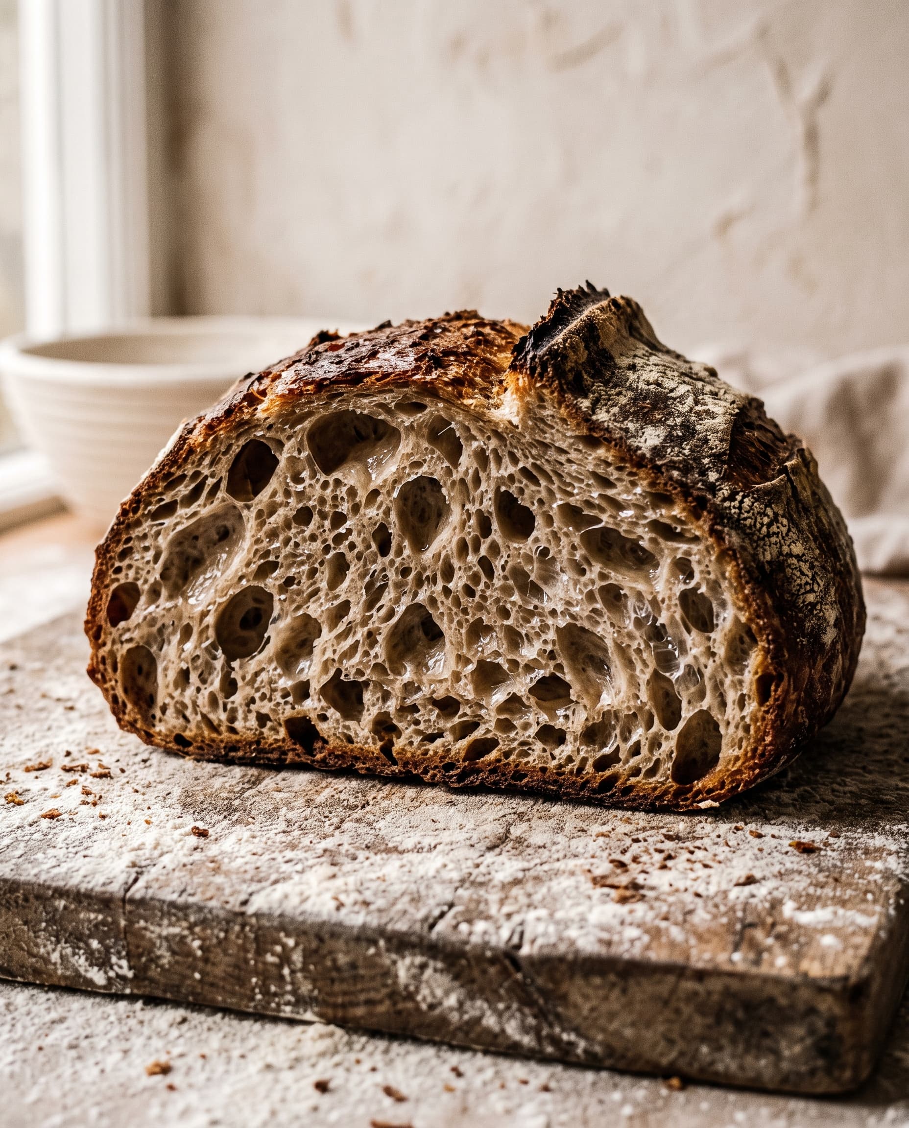 Country sourdough loaf cut open to show an open, glossy crumb