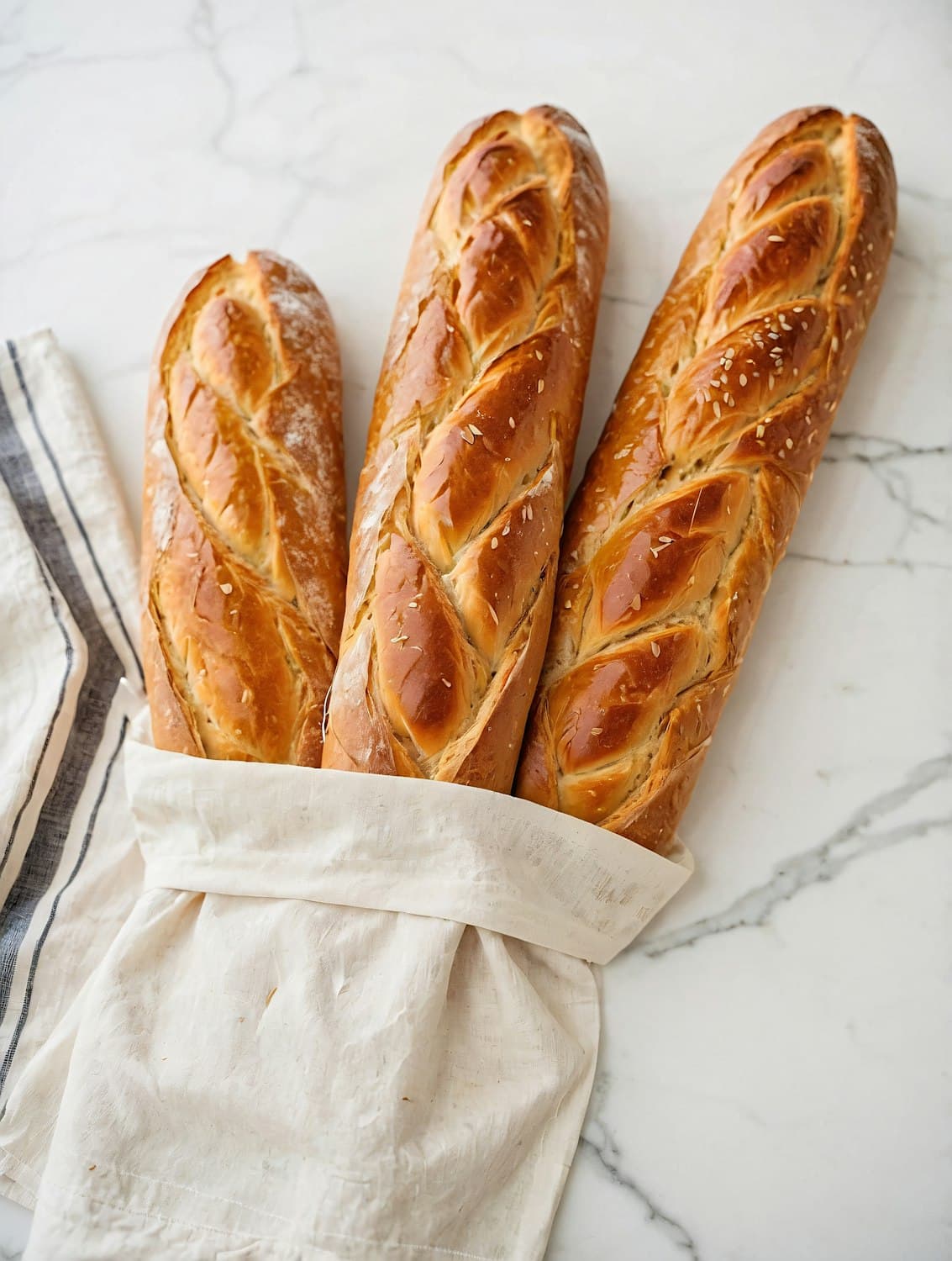 Glossy pain viennois loaves wrapped in a linen cloth