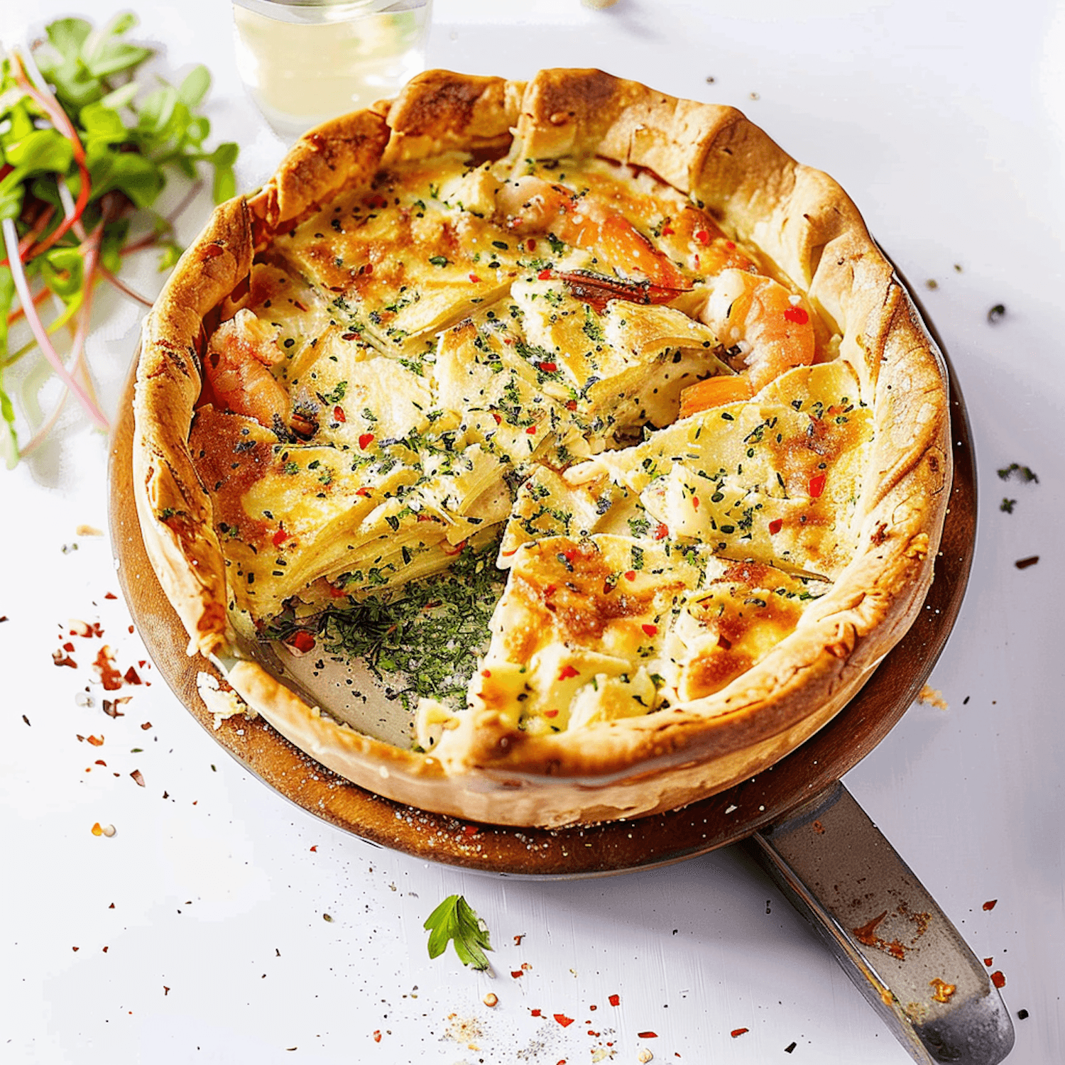 Deep quiche with potato, prawns and herbs on a wooden board