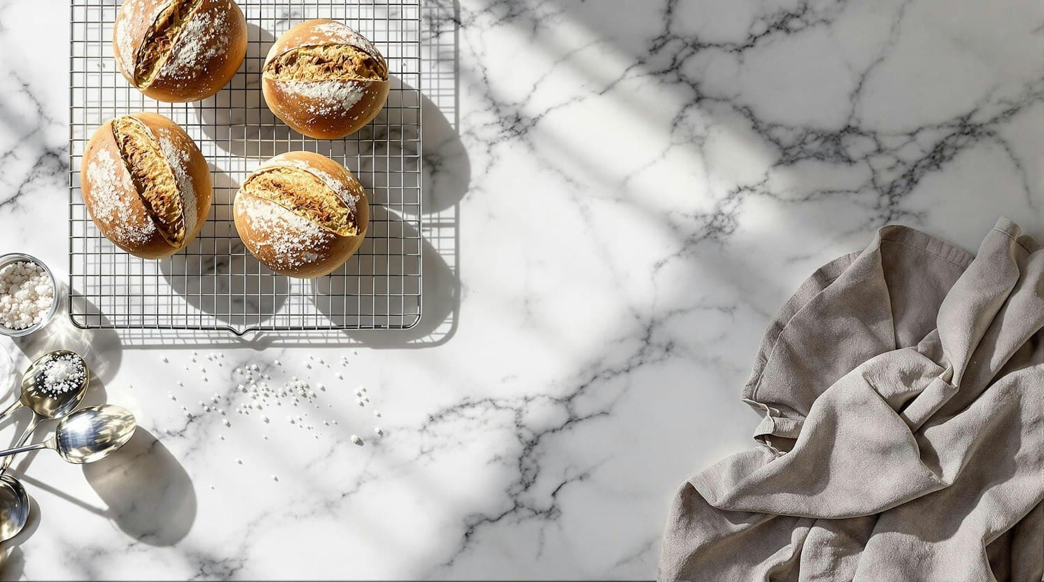 Freshly baked rolls cooling on a wire rack on a marble counter