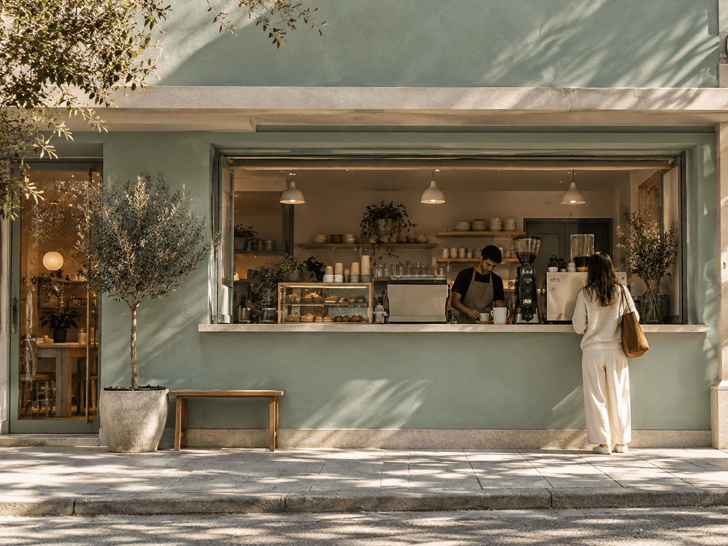 The bakery counter window opening onto the street